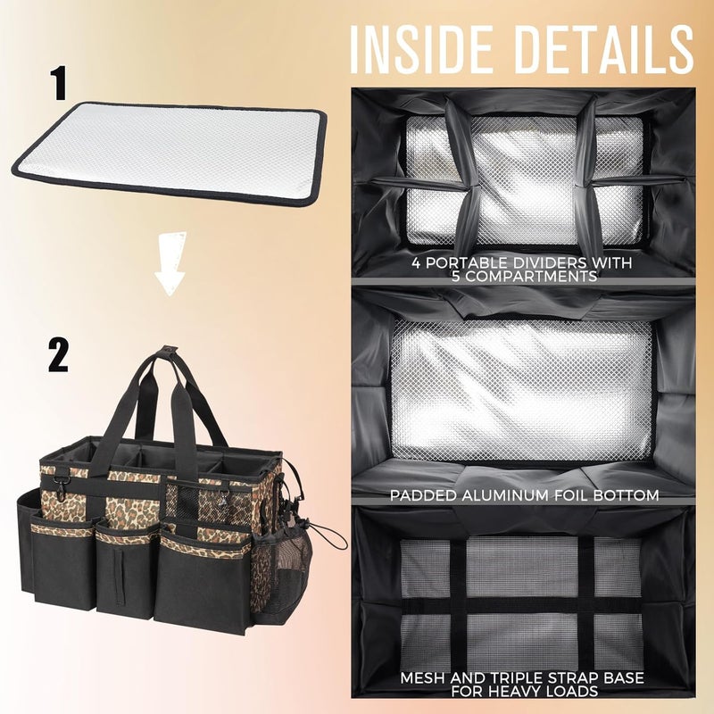 SCAVATA Wearable Cleaning Caddy, Cleaning Caddy Supplies Organizer with Handle & Shoulder Straps for Housekeepers, Under Sink & Car Cleaning Tool Organizers Bag with 4 Foldable Divider (Leopard) - Image 4